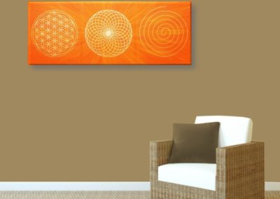 Wandbild Energiebild Energiebahnen Spirale Blume des Lebens gold orange_braun