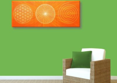 Wandbild Energiebild Energiebahnen Spirale Blume des Lebens gold orange_grün