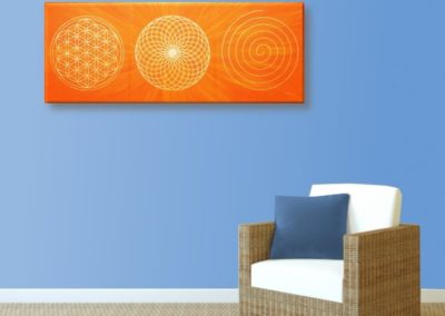 Wandbild Energiebild Energiebahnen Spirale Blume des Lebens gold orange_hellblau