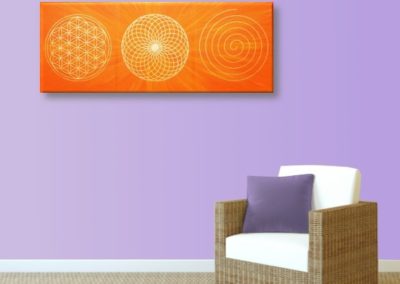 Wandbild Energiebild Energiebahnen Spirale Blume des Lebens gold orange_hellviolett
