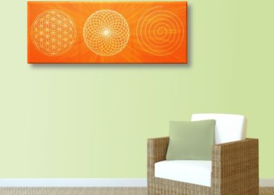 Wandbild Energiebild Energiebahnen Spirale Blume des Lebens gold orange_lindgrün