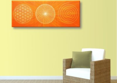 Wandbild Energiebild Energiebahnen Spirale Blume des Lebens gold orange_sand