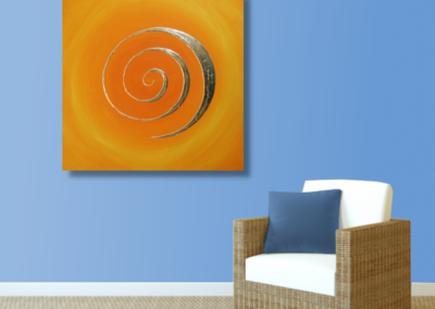 Wandbild 3D Spirale orange 24 Karat Blattgold_hellblau